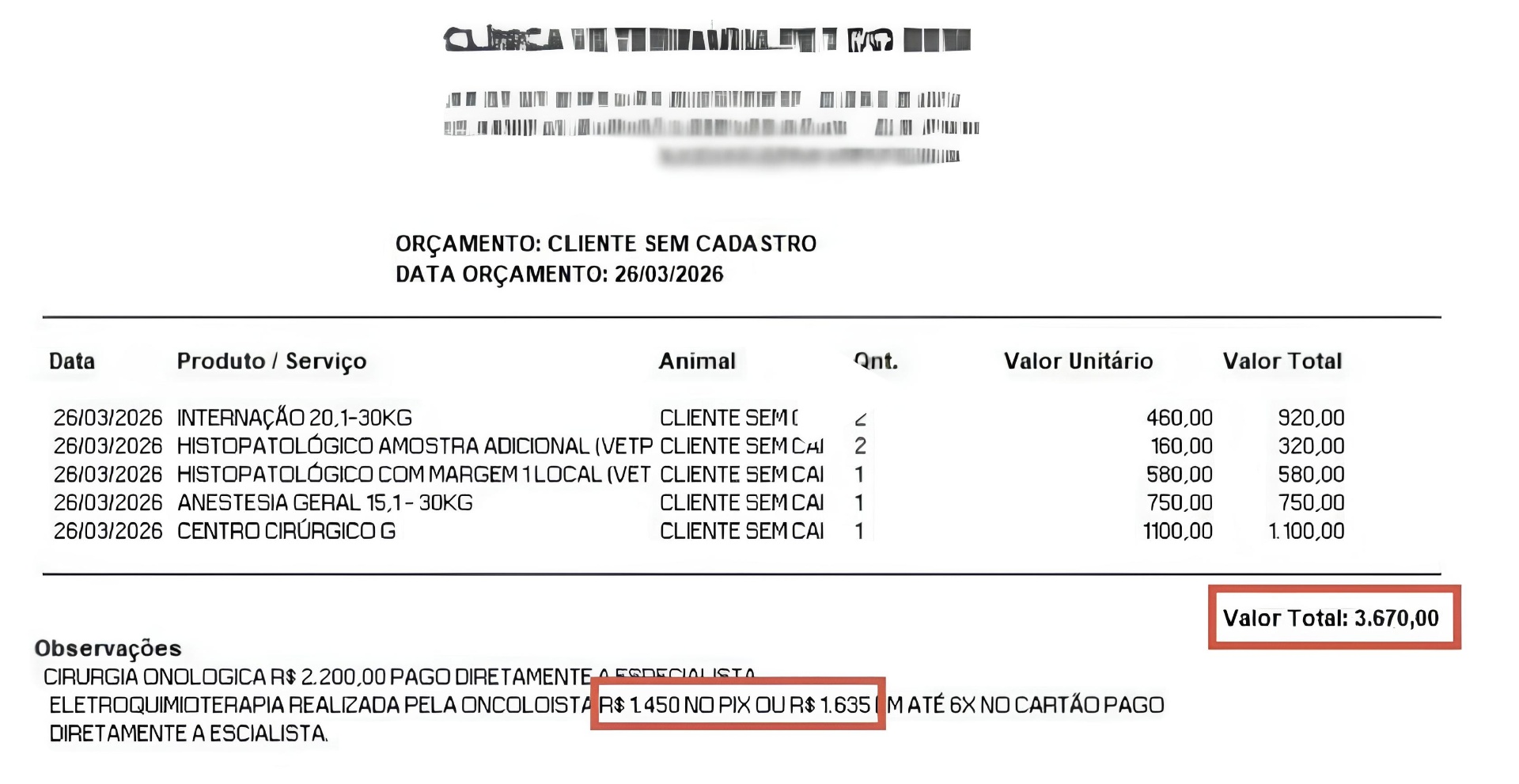 Orçamento veterinário do tratamento do Zider